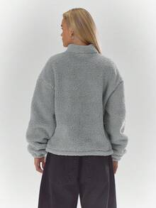 MUSERA 高领刺绣弹力扣细节抓绒外套，舒适可爱休闲，适合咖啡馆、俱乐部、秋冬季和春季穿着。 - 灰色 - 查看 2