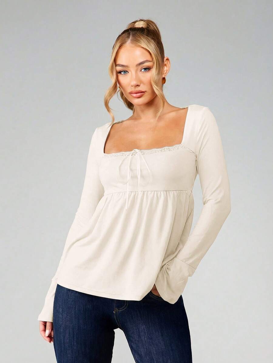 MISSGUIDED Long Sleeve Babydoll Top With Lace Trim Square Neckline Empire Waist Gathered Flowy Casual Blouse Fall Winter Fashion - Cream - View 1