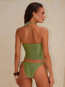 Swim Chiccia 2 Stücke/Set Sommer Strand Reife Mode Resort Spaghetti-Träger Chiffon verzierter Twist Vorne Top und Seiten Binden Chiffon dekorierter Dreieck Unterteil Bikini Bademode Set - Olivgrün - Übersicht 2