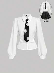 SHEIN MOD Áo sơ mi nữ màu trắng cài cúc phía trước, áo sơ mi đi học, trang phục mùa xuân, trang phục công sở, áo khoác ngoài, phong cách Frank Oshinsky, áo kiểu sinh viên, tiệc độc thân, lễ hội âm nhạc, đồng phục công sở, buổi hòa nhạc - trắng - Xem 1