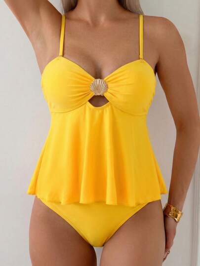 Swim Chiccia Women 2 Pieces Elegant Vacation Khaki Shell Metal Beaded Tankini Bikini Set, Beach Outfit