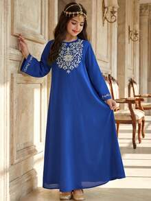Tween-Mädchen Elegant Resort Lässig Mode Besticktes Kleid mit Rundhalsausschnitt und Langarm - Blau - Übersicht 5
