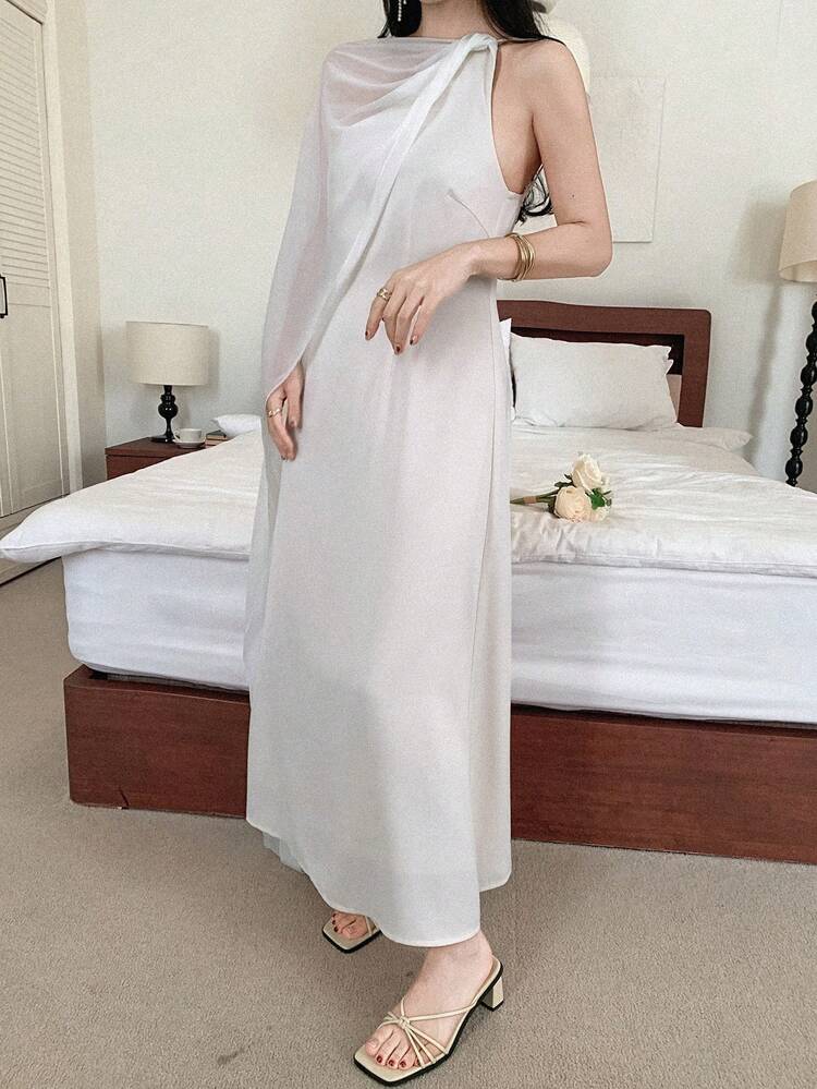 Women's Elegant Solid Color Midi Dress With Shawl Collar Spring Sundress
