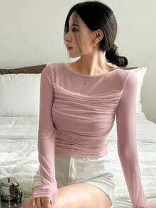 DAZY Valentine's Day Faux 2 Pieces Ruffle Mesh Women T-Shirt Long Sleeve Women Tops Going Out Tops Women - Pink - View 3