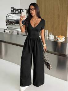 SHEIN EZwear 女士黑色针织V领休闲短袖连体裤 - 黑色 - 查看 5