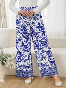 SHEIN Teenager Mädchen Pendler Stil Design Falsche Tasche Weite Bein Hose, Frühling & Herbst, Ausflug, vielseitig, schlank minimalistisch, geeignet für Schule, Pendeln, Alltagstragen, bequem, stilvoll, Lässig Hose mit Blumenmuster Hose in Weiß und Blau Gemusterte Hose Sommerhose - Blau - Übersicht 7
