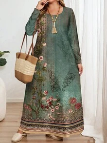 EMERY ROSE Versatile Casual Retro European Floral Pattern Print Plus Size Long Sleeve Crew Neck Dress, Suitable For Autumn/Winter,Vacation/Summer/Spring