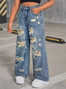 SHEIN 少女Y2K潮流复古水洗高腰破洞直筒牛仔裤，返校休闲风 - 淺色水洗藍 - 查看 6