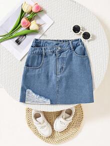 Tween Girls' Casual Fashion Denim Skirt, Asymmetric Hem Design, Distressed Washed Blue Denim Skirt - Blue - View 3