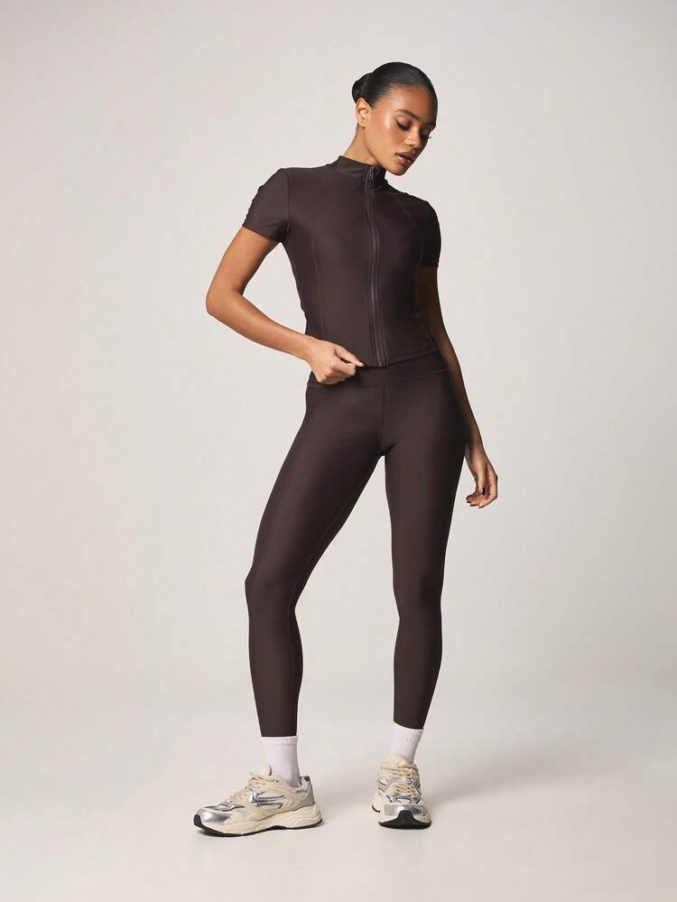 MISSGUIDED Full Zip Mock Neck Short Sleeve Top With High Waisted Leggings Co-Ord Set