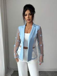 Elenzga Elegant Light Blue Sheer Blazer With 3D Floral Lace Design - Blue - View 6