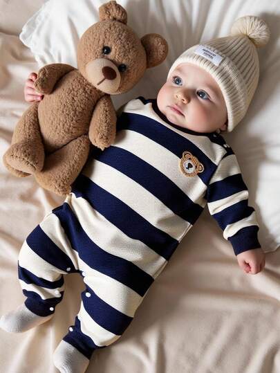 SHEIN Baby Boys Casual Cute Bear Striped Round Neck Long Sleeve Romper, A Comfortable And Casual Romper Suitable For Baby Boys To Wear In Autumn, Spring And Winter. This Romper Is Suitable Not Only For Outdoor Play, But Also For Wearing At Home.