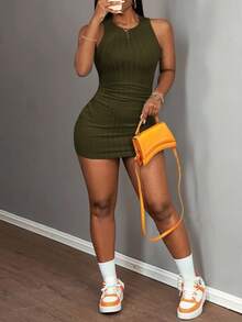 Slaydiva 夏季休闲基础款圆领无袖修身吊带裙/半身裙，纯蓝色 - 軍綠色 - 查看 5