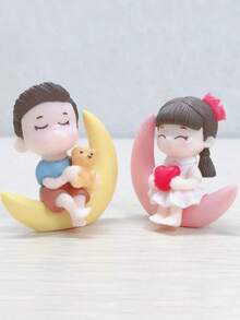 2pcs/Set Couple & Moon Pattern Decoration Craft, Small Cartoon Decorative Object For Home Decor Best Gifts Birthday Graduation - Multicolor - View 3