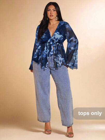 SHEIN BAE 大码女式春夏花卉印花网眼喇叭袖衬衫