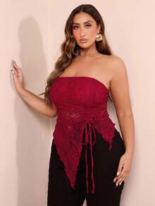 SHEIN BAE 大码蕾丝不对称吊带背心，适合情人节、夏季、生日、正式场合、派对等场合，酒红色、天使红、樱桃红等多种颜色可选，修身纯色T恤，女士基础款上衣，西式女装，夏季衬衫，夏季上衣，紧身衬衫，复活节，春季 - 酒紅色 - 查看 7