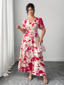 Elenzga 大码泡泡袖褶皱V领收腰修身连衣裙 - 玫紅色 - 查看 7