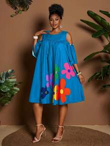 Maweii Đầm mùa hè trễ vai cổ tròn họa tiết hoa hoạt hình phong cách thường ngày đi nghỉ mát - Màu xanh lam - Xem 3