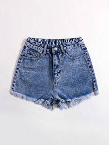 SHEIN ICON Summer Washed Non-Stretch Casual Frayed Hem Shorts - Medium Wash - View 4