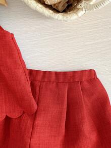 2pcs/Set Baby Girls' Casual Solid Color Round Neck Top With 3D Bow Decor On Back And Shorts Set, Blue - Red - View 6