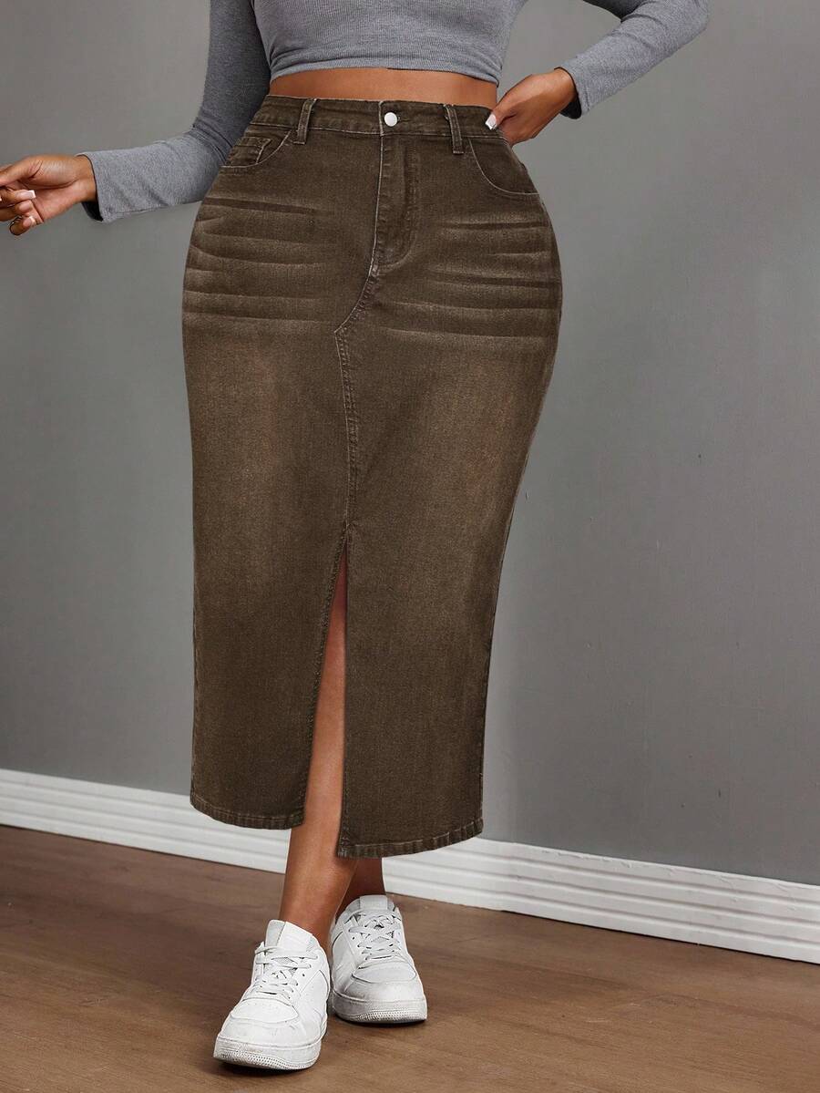 Slaydiva Plus Size Casual Denim Mini Skirt With Belt Loops And Slit Summer - Coffee Brown - View 1