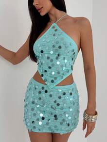 Aloruh 2pcs/Set Sexy Beaded Backless Halter Top And Mini Skirt Set, Summer - Blue - View 6