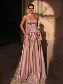 Glamrae Elegant Lustrous Satin Beaded Bustier A-Line Maxi Skirt Set,Detachable Chiffon Flounce Adjustable Tie Waist Gala Dress For Weddings,Formal Events - Khaki - View 6