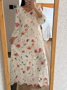 DAZY Floral Print Tie Neck Loose Lantern Sleeve Women Nightgown - White - View 7