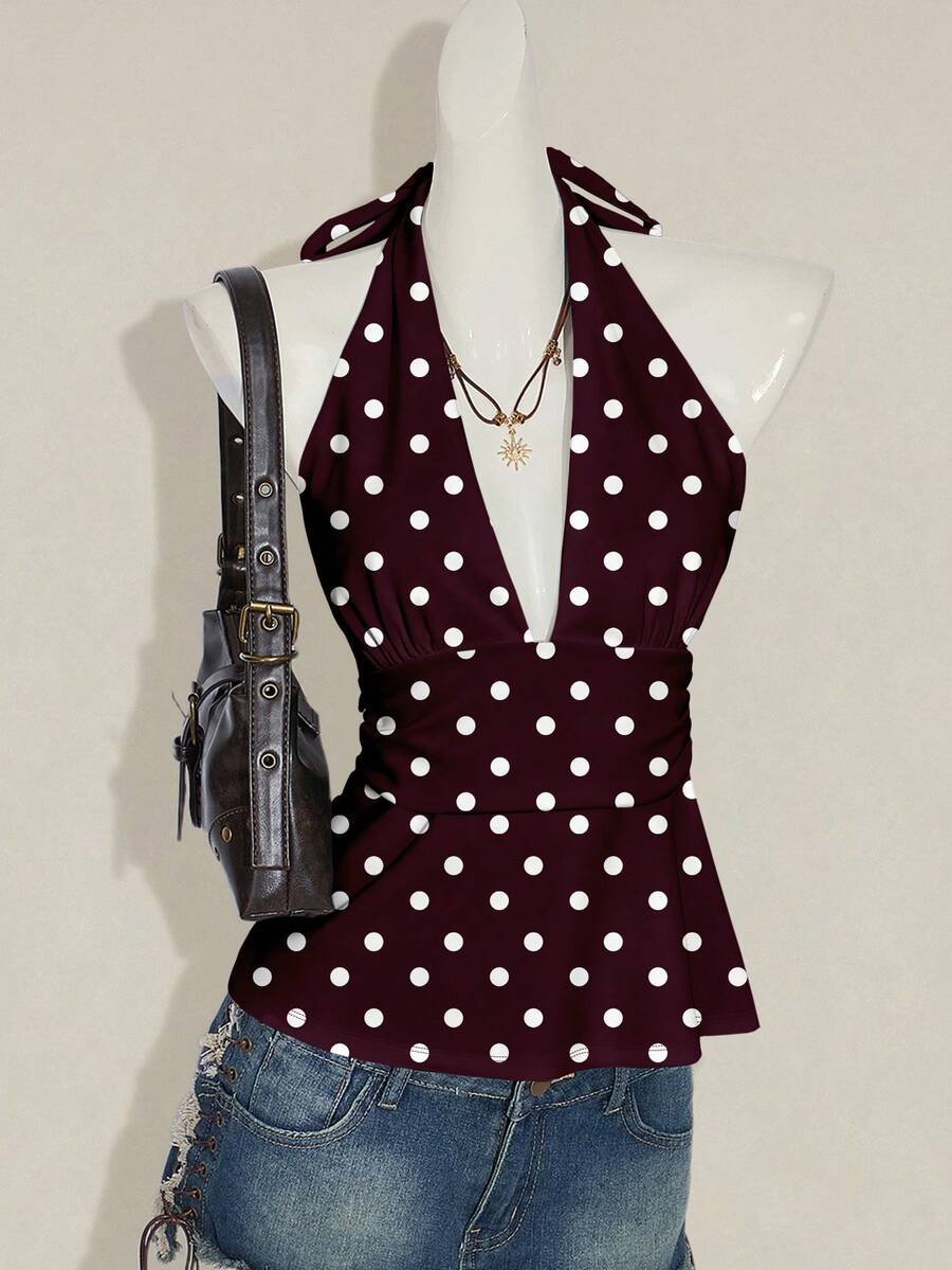 SHEIN ICON Top de estilo vintage con cuello halter, escote profundo en V, cintura ceñida y espalda descubierta - Blanco - Ver 1