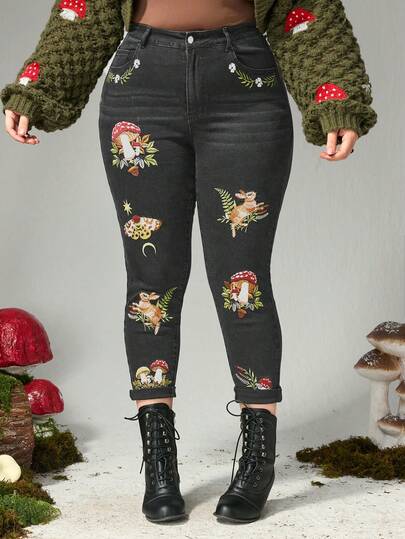 Fairycore Jeans de talla grande para mujer con bordado de plantas de setas oscuras y puños de 7/8 de longitud