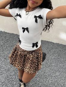 Coolane Kids 少女春夏两件套，白色上衣配黑色蝴蝶结+豹纹泡泡裙，适合返校季和返校节穿着。 - 黑色 - 查看 6