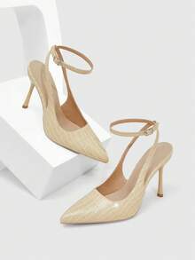 CUCCOO SZL Pointed Toe Stiletto High Heel Black Glossy Fabric Fashion Versatile Sexy Party Ankle Strap Women's High Heel Pumps, Women's Backless Pumps For Christmas Valentine's Day - 7639 Stone pattern apricot 12 - View 2