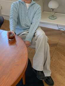 DAZY 男士纯色拉链半开襟插肩袖毛衣，秋季四分之一拉链男款 - 淺藍色 - 查看 3