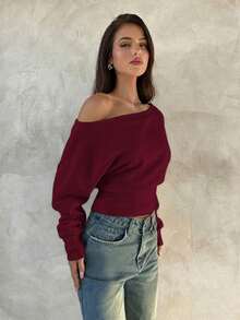 Aloruh Elegant 95% Cotton Knit Asymmetric Shoulder Long Sleeve Top, Purple-Red Versatile Blouse, Fall Wardrobe; Simple, Fashionable; Cozy, Chic. Spring - Red Violet - View 4