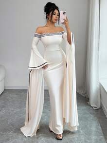 Elenzga Elegant Waist Cinched Off-Shoulder Apricot Long Dress, Fashionable & Chic, Spring/Summer - Apricot - View 6