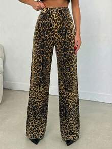 SHEIN Tall 100%纯棉中腰阔腿豹纹高个牛仔裤 - 彩色 - 查看 3