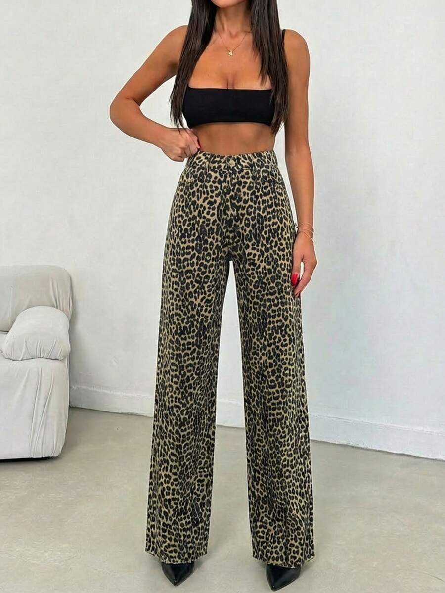 SHEIN Tall 100%纯棉中腰阔腿豹纹高个牛仔裤 - 彩色 - 查看 1