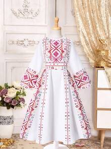 SHEIN White Autumn Modest Family Matching Girls',Traditional Arab Abaya With Geometric Embroidered Print,Flared Wide Sleeves Cinched Waist Dress - White - View 6