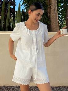 DAZY 甜美刺绣荷叶边泡泡袖女士睡衣套装