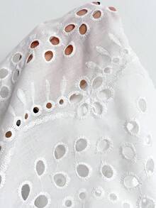 SHEIN LUNE Áo cánh tay đèn lồng cổ tròn màu trơn thêu thanh lịch thời trang cỡ lớn - trắng - Xem 7