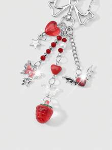 ROMWE 1款春季新款ins甜美可爱时尚学院风红色系列仿水晶仿珍珠树脂亚克力水钻蝴蝶爱心银色可开合珠链星翼恶魔翼爱心草莓DIY钥匙扣包包挂件水杯挂件手机挂件，适合姐妹、女友、情侣、女孩和女士日常佩戴、节日礼物 - 紅色 - 查看 16