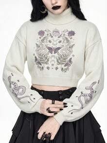 ROMWE Goth 深色高领短款毛衣女款，复古神秘蛇纹蝴蝶提花泡泡袖针织上衣，秋冬款 - 米色 - 查看 4