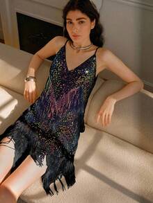 Uhlyne Vestido de mujer con tirantes finos, cuello en V con lentejuelas, flecos y bajo asimétrico