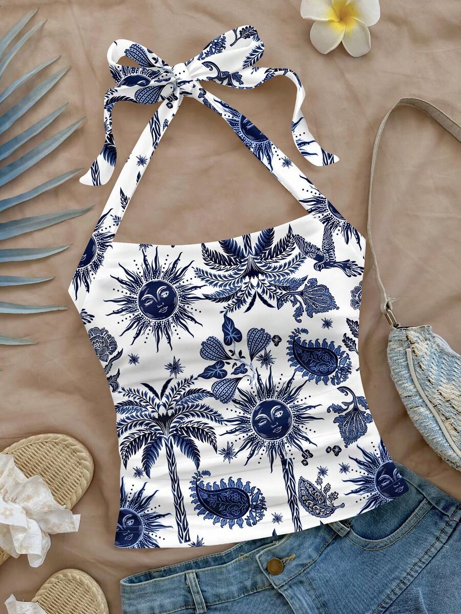 Soleia Casual Minimalist Vacation Bohemian Elegant Retro, Blue & White Palm Tree Floral Print Pattern, Comfortable Women's Halter Neck Fitted Ruched Tank Top Suitable For Spring/Summer Spring - Multicolor - View 1