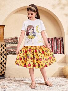 SHEIN Tween Girl Loose Fit Round Neck Short Sleeve Cartoon Girl Print T-Shirt And Rose Print Ruffle Hem Midi Skirt Set, Spring/Summer - White - View 3