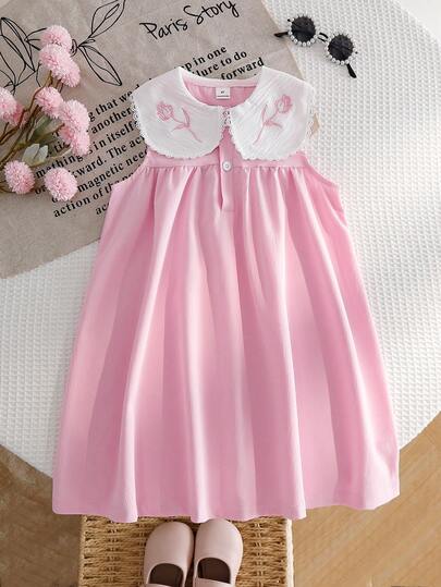 Genkimix Kids Summer New Korean Style Cute Sweet Embroidered Tulip Patchwork White Lace Peter Pan Collar Umbrella Button Dress Girls Floral Embroidered Dress
