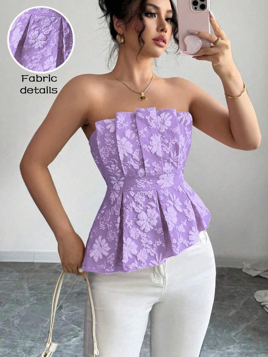 Rafferiza 女士奢华优雅花卉抹胸不对称上衣 - 紫色 - 查看 1