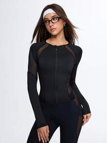 Dewbera Dewbera Women's Black Autumn Athleisure Slim-Fit Workout Top,Mesh Panel Zip Athletic Jacket,Long Sleeve Breathable Gym Yoga&Training Quick-Dry Stretch Shirt - Black - View 3