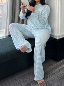 Dazy Plus 两件套休闲条纹宽松长袖上衣和长裤睡衣套装，舒适家居服 - 藍色 - 查看 6