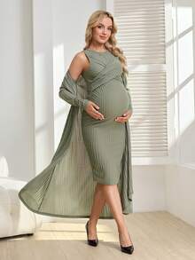 SHEIN 2pcs Maternity Casual Ribbed Camisole & Cardigan Set - Green - View 5